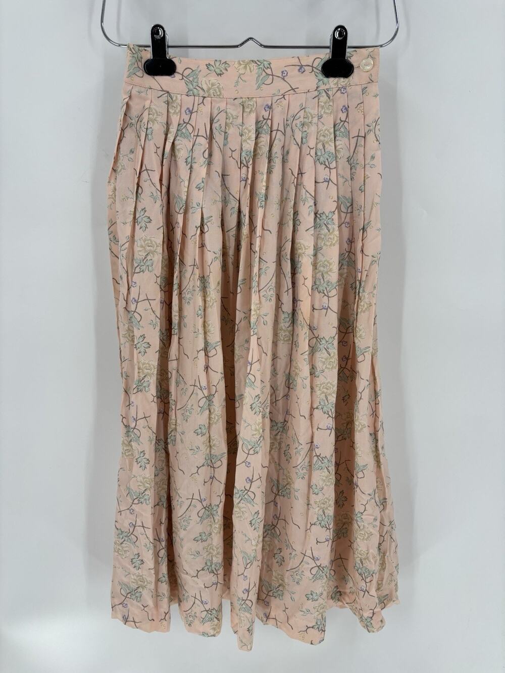 Vintage 90s Chaus Petites Pink Floral Rayon Pleated Midi Skirt Cottagecore Small